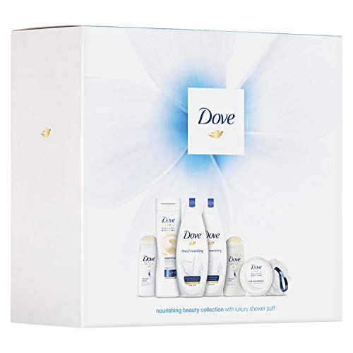 Dove Nourishing Beauty Collection with Luxury Shower Loofah, Body Lotion, Body Wash, Shampoo, Conditioner, & Cream Pot - Gift Set for Women