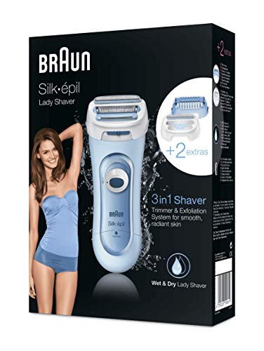Braun Silk-épil Lady Shaver 5-160, 3-in-1 Wet and Dry Electric Shaver, Trimmer and Exfoliation System with 2 Extras, Blue