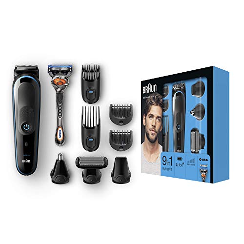 Braun 9-in-1 All-in-One Trimmer MGK5080 Beard Trimmer and Hair Clipper Body Groomer Ear and Nose Hair Trimmer Detail Trimmer Attachment Black/Blue, 2 pin plug