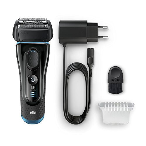 Braun Series 5 5140s Mens Electric Foil Shaver Wet and Dry Pop Up Precision Trimmer Rechargeable and Cordless Razor Black/ Blue, Bathroom 2 pin plug
