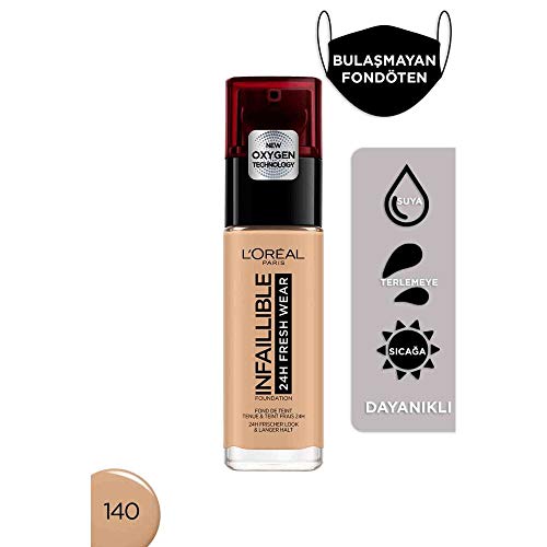 L'Oreal Paris Infallible 24hr Freshwear Liquid Foundation 140 Golden Beige, Hydrating, Weightless Feel, Transfer-Proof and Waterproof, Full Coverage Base, Available in 26 Shades, SPF 25