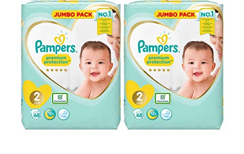 Pampers New Baby Nappies Jumbo Pack, Size 2, 2 x 68 Pack