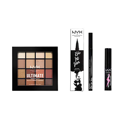 NYX Professional Makeup Eye Look Kit, Epic Ink Liner, Make Up Set, Worth the Hype Mascara, Ultimate Shadow Palette Warm Neutrals