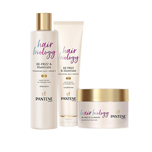 Pantene Pro-V Hair Biology De-Frizz & Illuminate Shampoo, Conditioner and Hair Mask Anti-Frizz Hair Products Set with Hyaluronic Acid For Frizzy Or Dry & Coloured Hair