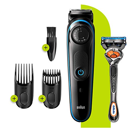 Braun Beard Trimmer BT3240 and Hair Clipper for Men, Lifetime Sharp Blades, 39 Length Settings, Black/Blue, UK Two Pin Plug