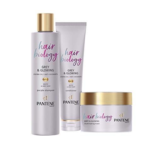 Pantene Pro-V Hair Biology Silver and Glowing Shampoo and Conditioner Sets, with Jojoba, Purple Shampoo for Blonde Hair, Hair Conditioner and Hair Mask Set for White and Grey Hair