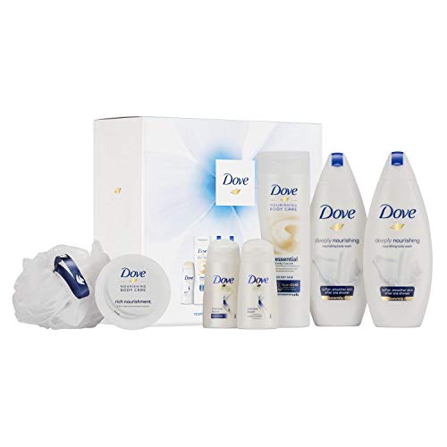Dove Nourishing Beauty Collection with Luxury Shower Loofah, Body Lotion, Body Wash, Shampoo, Conditioner, & Cream Pot - Gift Set for Women
