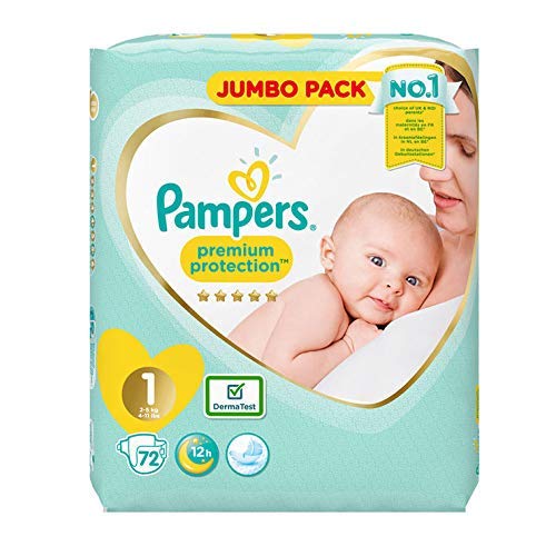 Pampers Premium Protection Softest Comfort Nappies Jumbo Pack Approved by British Skin Foundation, Size 1, Pack of 2 (72 x 2)