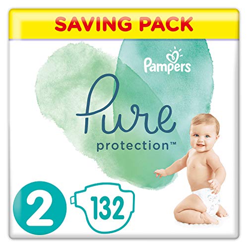 Pampers Pure Protection Size 2, 132 Nappies, 4-8 kg, Saving Pack, Made with Materials Containing Premium Cotton and Plant-Based Fibres
