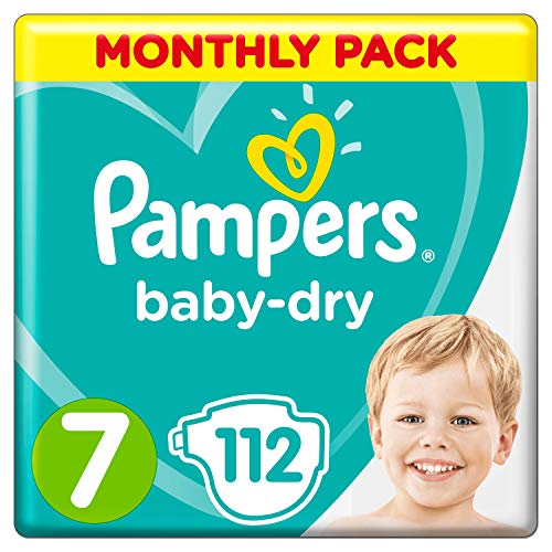 Pampers Baby-Dry Size 7, 112 Nappies, 15+ kg, Air Channels for Breathable Dryness Overnight, Monthly Pack
