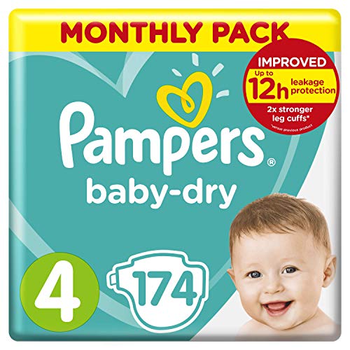Pampers Baby-Dry, 174 Nappies, 9-14 kg, Monthly Saving Pack, Air Channels for Breathable Dryness Overnight, Size 4