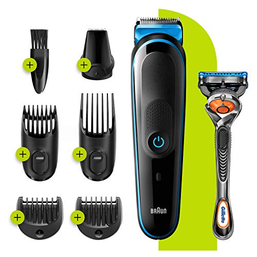 Braun 7-in-1 All-in-one Trimmer 3 MGK3245, Beard Trimmer for Men, Hair Clipper and Face Trimmer with Lifetime Sharp Blades and 5 Attachments, Black/Blue, UK Two Pin Plug