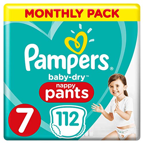 Pampers Baby-Dry Nappy Pants Size 7, 112 Nappy Pants, Monthly Saving Pack, Easy-On with Air Channels for Up to 12 Hours of Breathable Dryness, 17+ kg