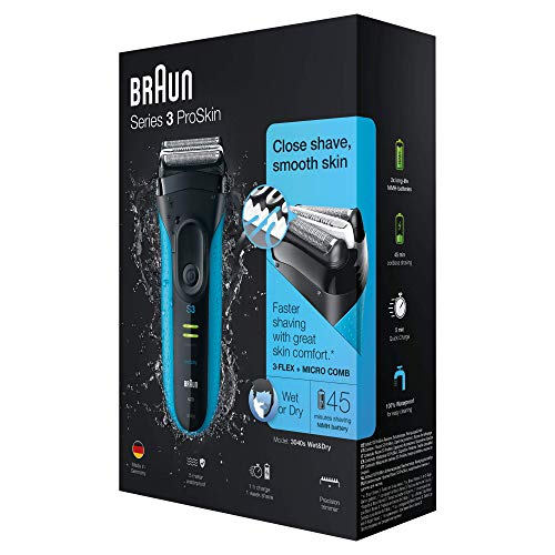 Braun Series 3 ProSkin 3040s Electric Shaver, Wet and Dry Electric Razor for Men with Pop Up Precision Trimmer, Rechargeable and Cordless Shaver, Black/Blue